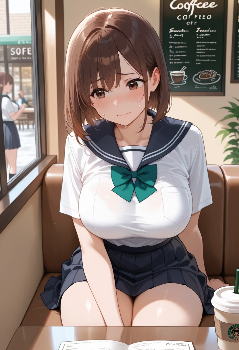 Ochako uraraka, lindo, sexy, desnudo, enormes tetas, en la cafeteria, Sientate en una silla, delantal verde starbucks, avergonzado, buen cuerpo, mostrando tetas