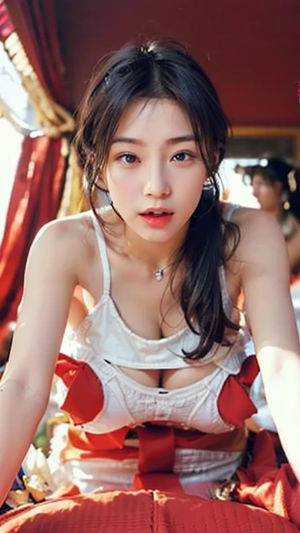 A tattered red silk dress with a very low neckline，Reveal plump breasts，The face resembles a hibiscus，Eyebrows like willows，Eyes that are more charming than peach blossoms，Skin like snow，Her black hair was pulled into a high beauty bun，The beads on their heads shine dazzling in the sun，Bright red lips，A beautiful woman，He collapsed weakly on the floor of the cell.，in hot state，The face is red，Weak eyepose the whole body，Open-mouthed，Semi-closed Eyes，