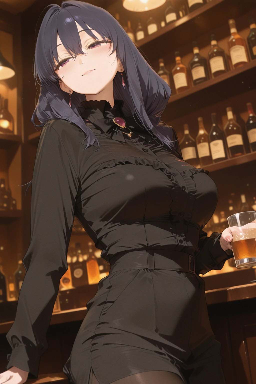 (masterpiece), (best quality), (Clear focus), (Depth of Field), (woman): Solitary, (Perfect face), (Detailed clothing), (Busty),(Sad expression), beautiful woman, blue eyes, whole body, Black hair, Long hair, (Black sexy dress) (((((Night scene background))))), (((at the bar))), wine, whiskey, High ball,(Shiny and glowing, Effect:1.2)