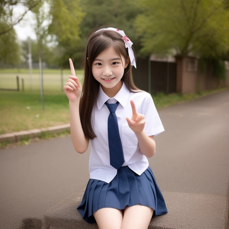 Top quality、Excellent detail、Extremely detailed depiction、(Raw photo:1.2)、Delicate skin、Ultra-high resolution、(Photorealistic、live-action)、Bright lighting、(Cute Japanese women)、(A sparkling smile、A big smile、A cheerful smile、Mouth up and tongue out:1.2)、(Baby Face、Looking up、School uniforms、Polo shirt、skirt、Cleavage:1.4)、(Shot from above、looking at the camera:1.2)、(Raise the hand、Sitting:1.2)、(Spread legs、I can see your cute panties、Leg focus:1.3)、Perfect Anatomy、Full body shot