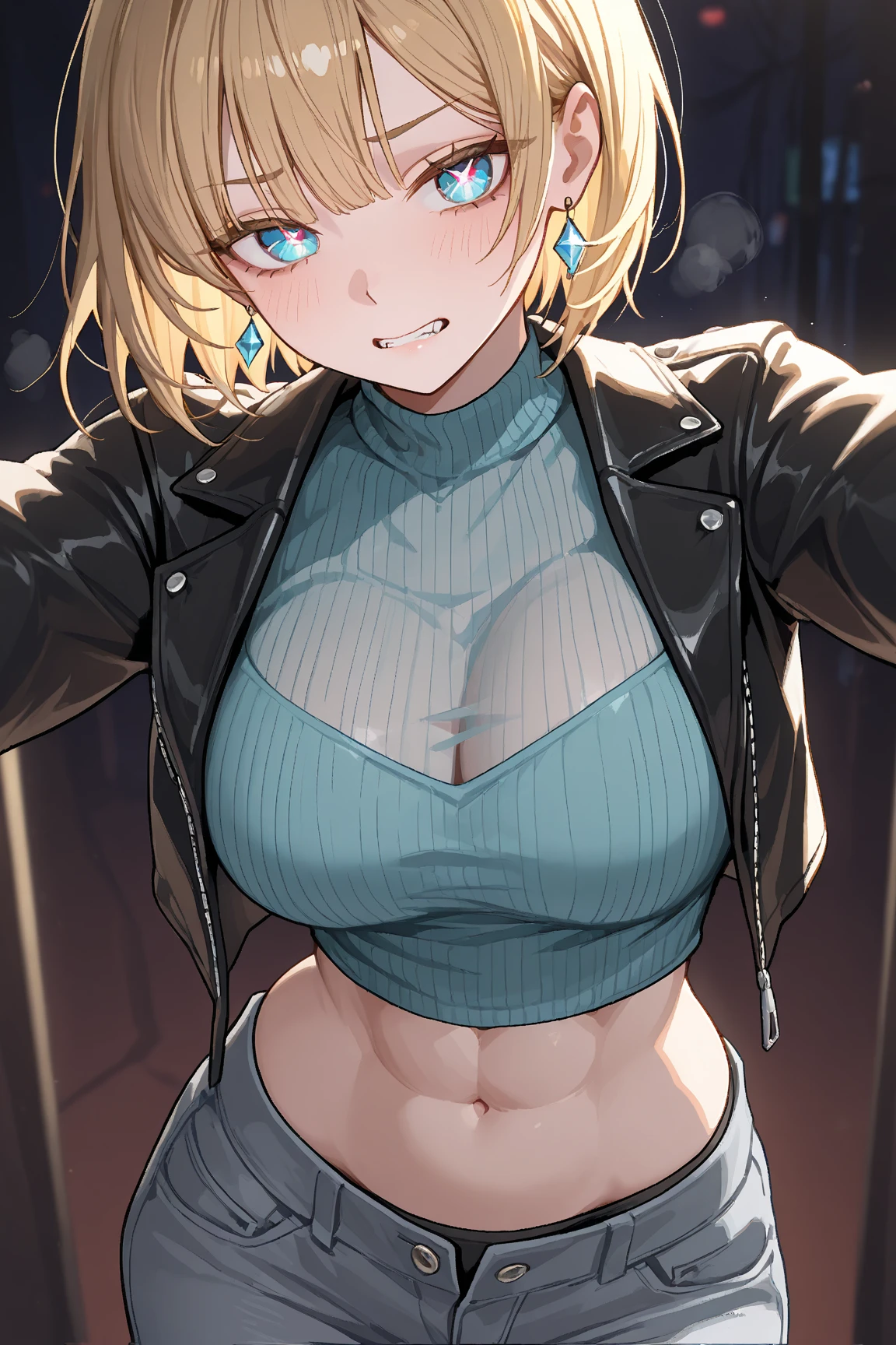 Masterpiece,Highest quality,8K,Ultra-high resolution,appropriate margins,lighting,BREAK,1 person,Very beautiful adult woman,Slim body,Very large breasts,Deep cleavage,BREAK,Golden Hair,Short braids,mascara,Red eyeliner,Light pink lip,Thick upper eyelashes,Thin eyebrows,BREAK,Light purple eyes,BREAK,Embarrassed,Shy smile,BREAK,short hair,Wearing hair in one ear,BREAK,Light white long sleeve sweater,Denim shorts,black tights,BREAK,Eyes meet