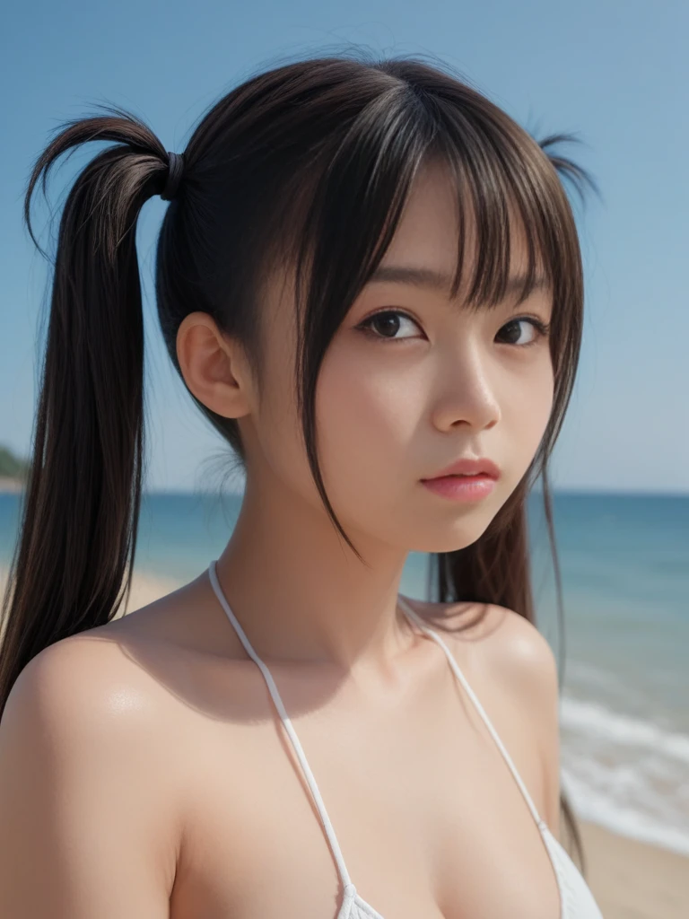 (8K, highest quality, masterpiece:1.2), (realistic, photo-realistic:1.37), super detailed, 1 girl, alone, cute, beautiful and detailed sky, (smile:1.2),beautiful and fine eyes,20-year-old, pigtails hair, medium hair,1 girl, alone, teeth, brown hair, green eyes, Black Maid Bikini, beach, Are standing, frills, lips, closed mouth,,medium breasts, looking at camera,