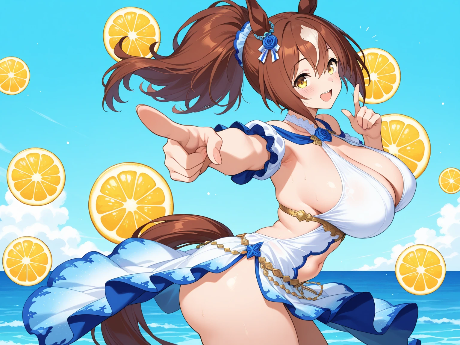 score_9, score_8_up, score_7_up, source_アニメ, sakimiya iruka, red hair, green eyes, one side up, medium hair, green scrunchie, hair ornament, shiny skin, rating_explicit, large breasts, large ass, Race Queen, highleg, (scared),(tears:1.3),(open mouth, shout),(sweat:1.2), (steam on body, heavy breathing), (trembling:1.4), saliva, bouncing breasts, unaligned breasts,(motion lines:1.5), motion blur,(pussy juice, Squirting:1.5),(Lean back and look straight up:1.2), (arched back, looking up, stick out tongue), jaw, throat, orc,1man, vaginal ?????, sex from behind, (huge penis:1.3),pole dance, on stage, from below