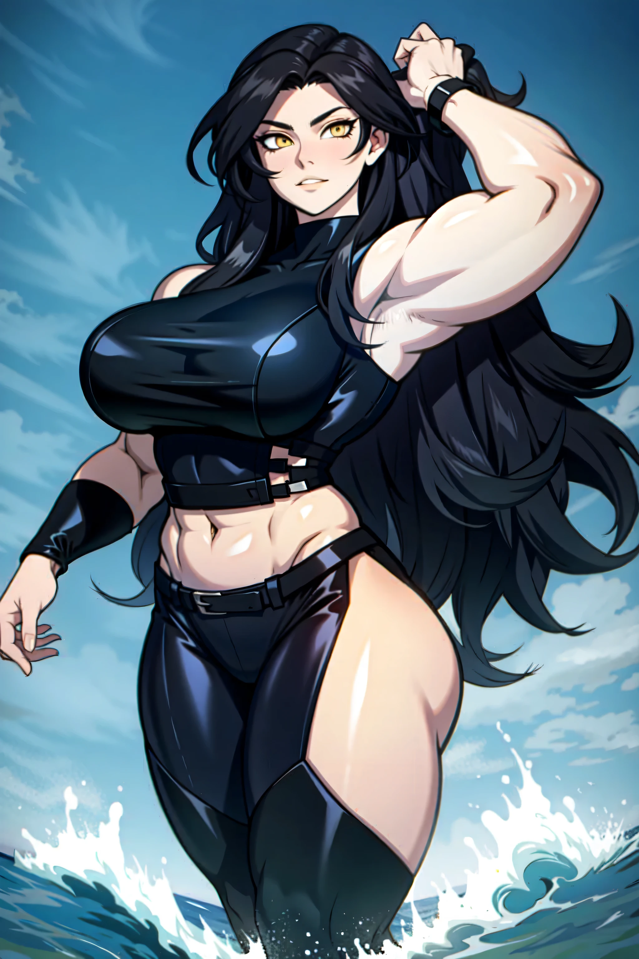 （（（masterpiece、Highest image quality、highest quality、highly detailed unity 8ｋwallpaper）））、（（Illustration of one girl））、（（（beautiful girl）））、（（black hair：1.3、straight hair、Very Longhair、golden hair ornament、red eyes））、（tall：1.3、stocky build：1.3, thickset physique, muscular legs, broad shoulders, solid chest）、swimsuit、sandy beach