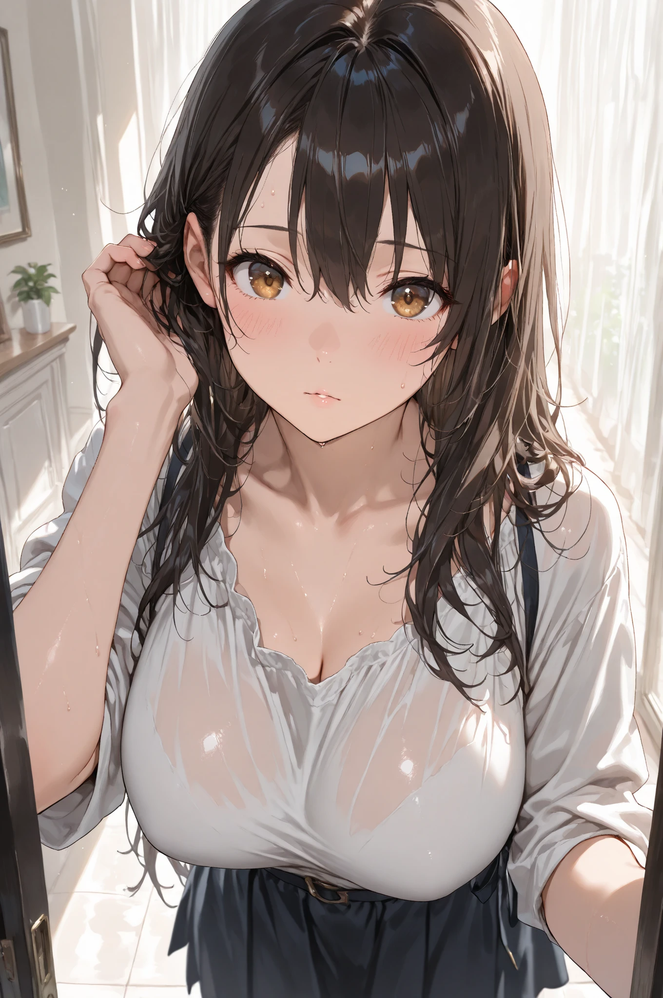 masterpiece, best quality, 1 girl, himeragi yukina, brown eyes, black hair, hair between eyes, medium hair, medium breasts, (healthy skin), ((??? on face)), bare shoulders, ((upper body)), (((black clothes)))