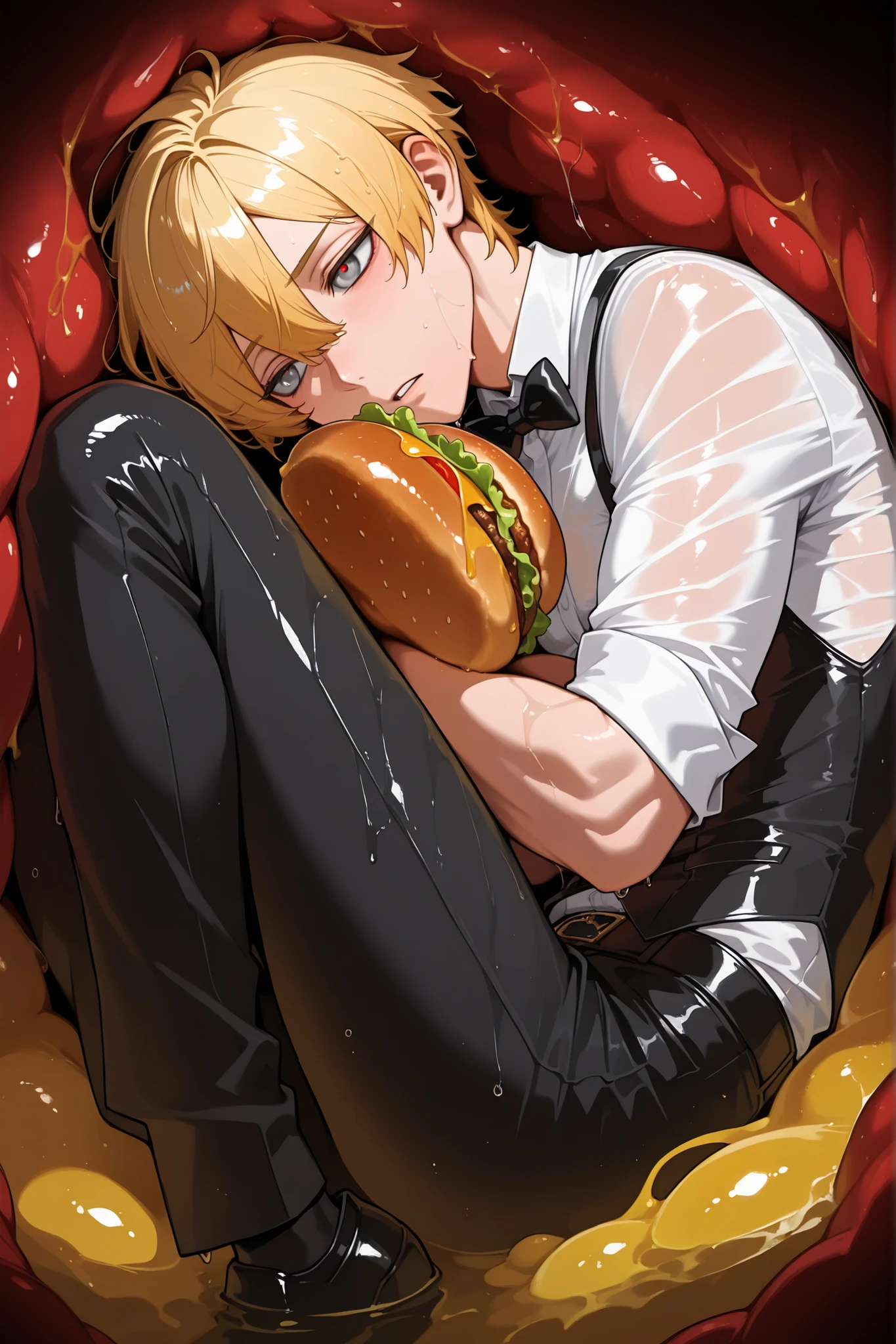 Watercolor painting,Perfect hand,masterpiece, best quality,very aesthetic,BREAK,(solo)(thin man, masculine male, (male:1.2), (grey eyes, red pupils, short hair, blonde hair, hair to the side, smart)(neutral expression, fetal position, curled up)(black bowtie, white shirt, black pants, black waist coat), BREAK, (inside a stomach, stomach interior, wet, food, burger, chicken wings, yellow slime, yellow water)(cinematic lighting),