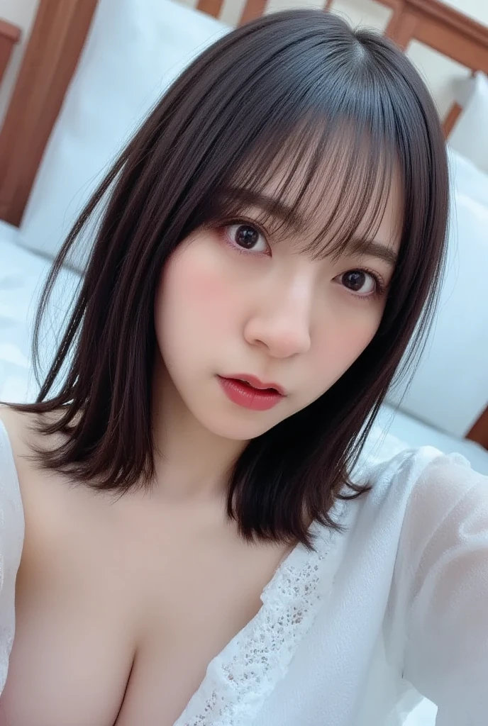 there is a woman that is posing for a picture in a black sweater, Yoshitomo Nara, chiho, kimi takemura, girl cute-fine-face, shikamimi, sakimi chan, with short hair, ayaka, clear cute face, ai yazawa, cute natural anime face