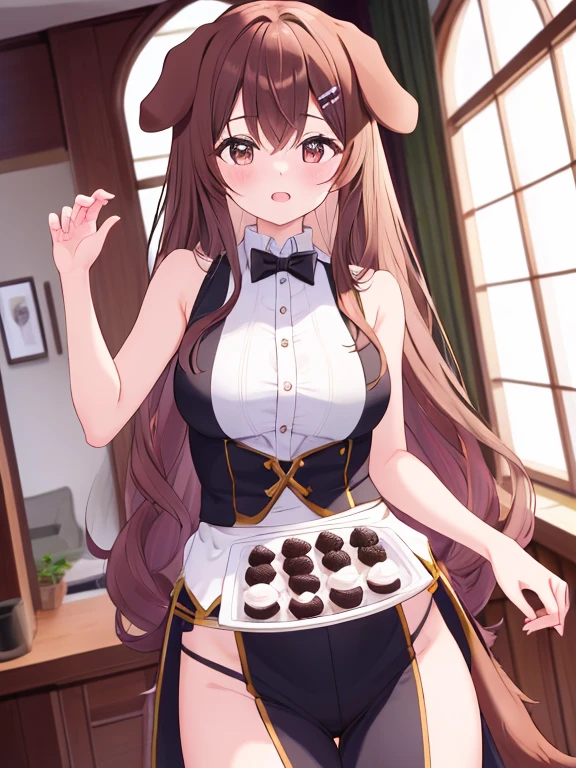 rice shower (umamusume), 1girl, solo, long hair, breasts, looking at viewer, blush, brown hair, thighhighs, hat, bow, navel, holding, animal ears, bare shoulders, purple eyes, tail, flower, small breasts, black thighhighs, indoors, bowtie, hair over one eye, leotard, cup, wrist cuffs, detached collar, rose, playboy bunny, horse ears, horse girl, horse tail, blue headwear, tray, blue flower, hat flower, blue leotard, holding tray, nontraditional playboy bunny