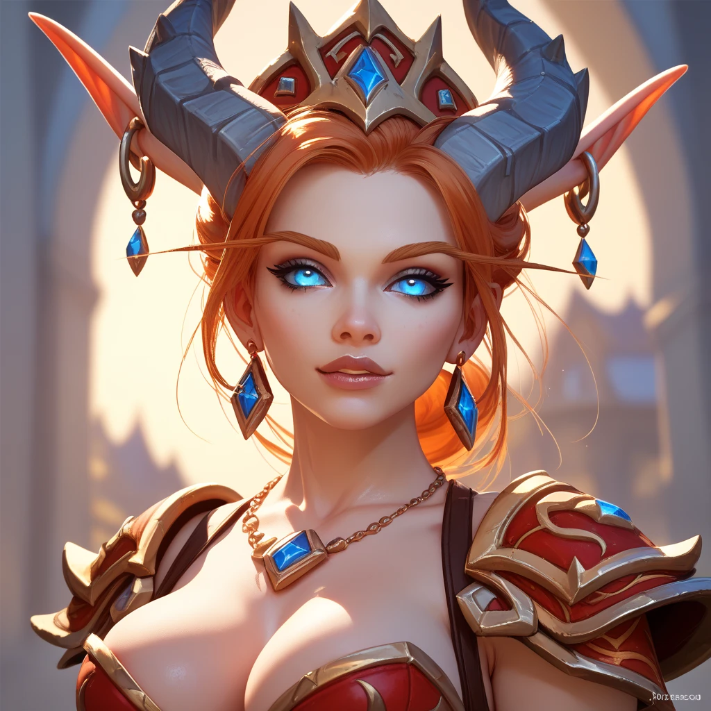 Create an illustrated, hand-drawn, full-color masterpiece with warm lighting and shadows. Incorporate graphite shading, stencil marks, and airbrushed acrylic paint in the style of "Breath of the Wild." The image should feature a beautiful goblin woman with a humanoid, furry appearance and large ears shaped like those of an elephant. She has red skin, bright eyes, luscious thick fleshy lips, and a wide smile. Depict her with a perfect, symmetrical face and a curvy hourglass figure with large breasts. Her face, neck, and arms are covered in intricate blue tattoos, adding a mythic beauty to her. She is wearing a long, flowing, lacey dress with a high neck and long billowing skirts. The background should be detailed and sharp, adding to the overall high-resolution, best quality, and detailed art piece. Scarlett Johanson