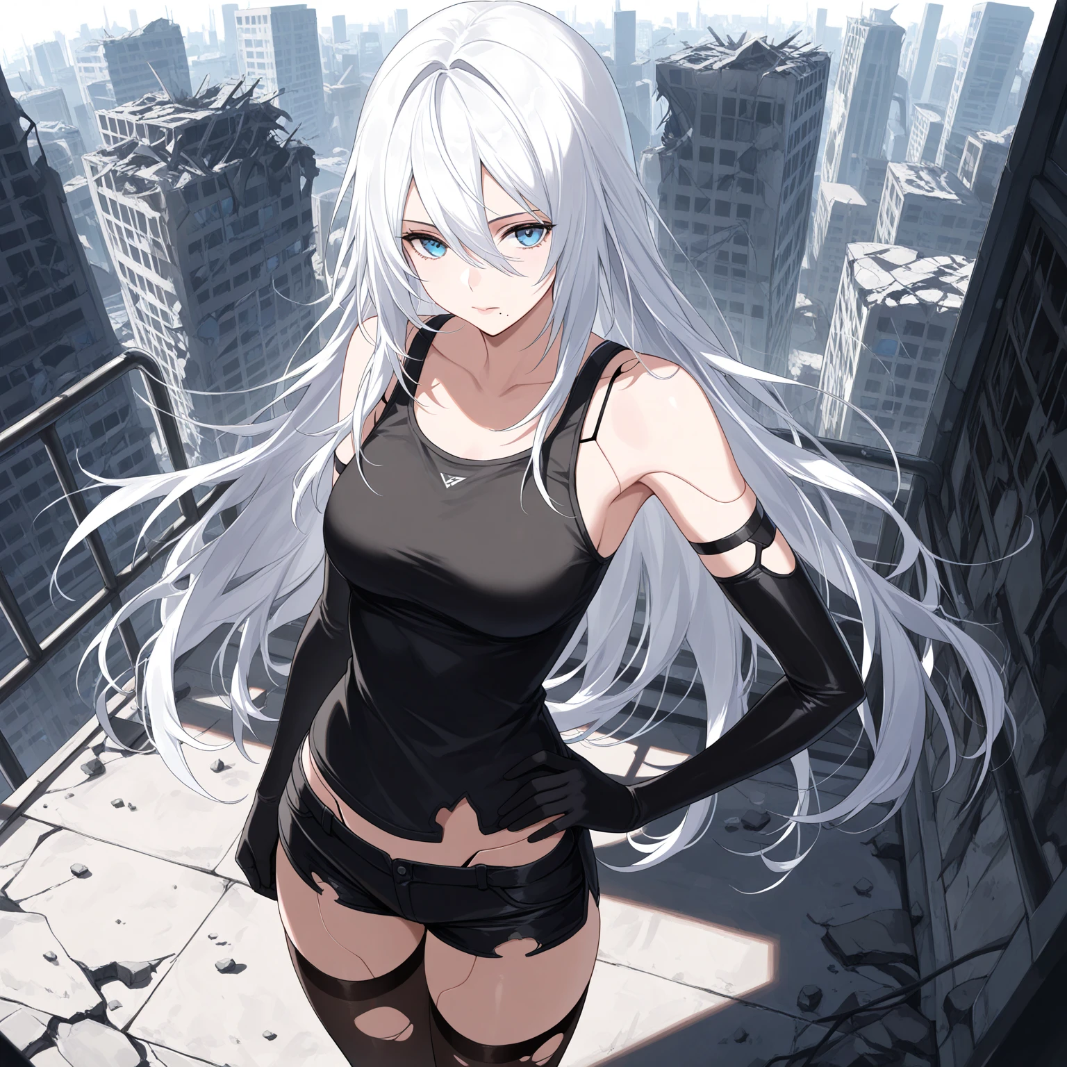 yorha type a no. 2,
close up, upper body, female focus,
1girl, absurdres, android, armlet, bare shoulders, black gloves, black tank top, blue eyes, elbow gloves, gloves, hair between eyes, joints, long hair, science fiction, solo, tank top, white hair,
robot, robot joints, mechanical parts, city, cloud, debris, grass, highres, outdoors, overgrown, post-apocalypse, rubble, ruins
<lora:yorha_type_a_noDOT_2:0.7>