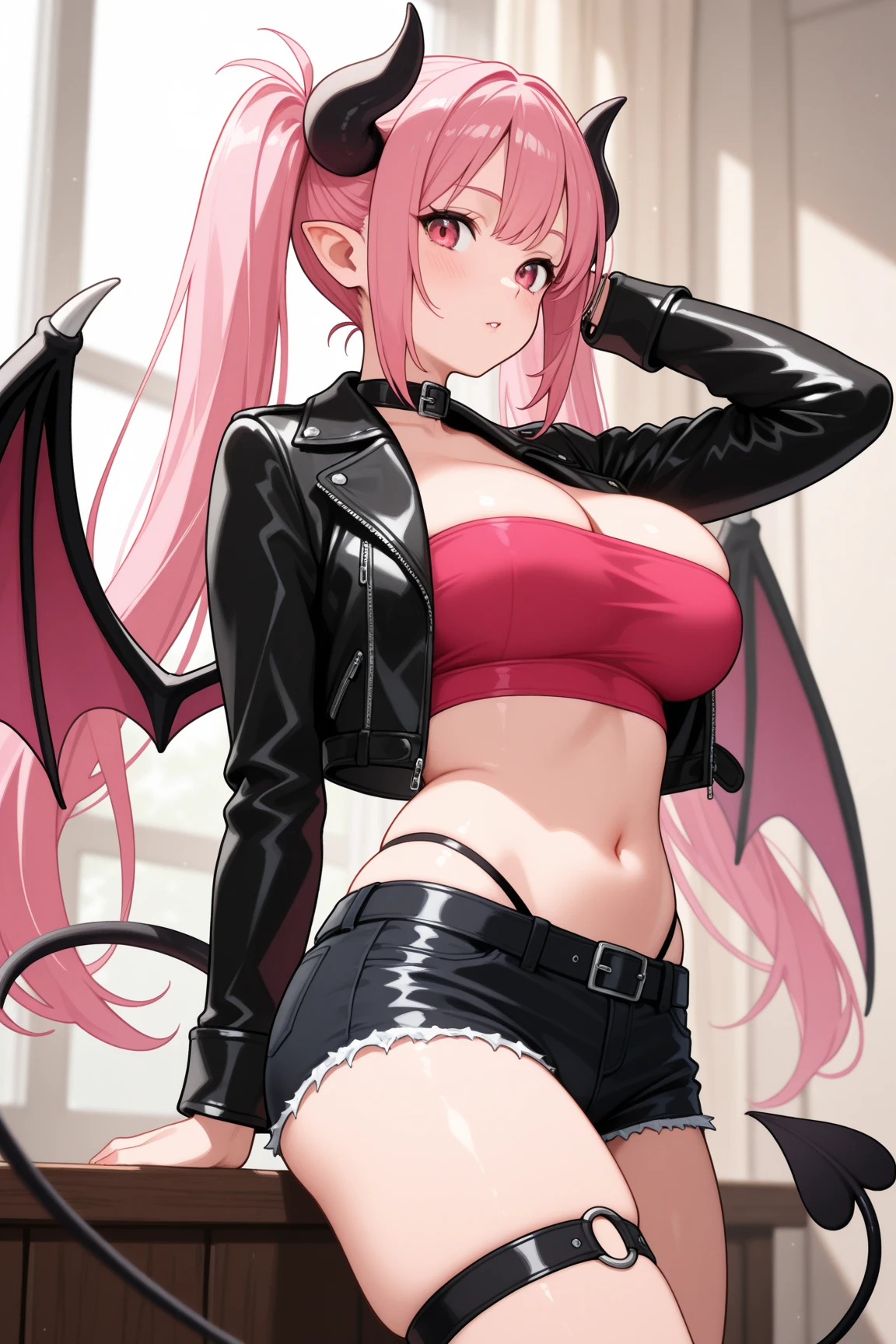 best quality ,masterpiece,solo,1girl,pink hair,long hair,bra,panties,looking down,evil smile,blush,sweating,small lady serenity,big breasts,despise,steam,ass,ass focus,sweat bullets,back to the viewer,open mouth,hands on ass,2hands,five fingers,demon wings on back