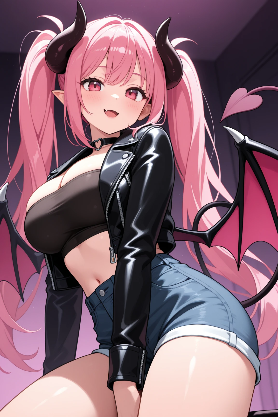 4k, twin tails ,Lens flare, pink hair ,mascara, eyeliner, god rays, 4k, 8k, best quality, masterpiece, hyper detailed, intricate detail, 1girl, solo, detailed, Detailed fuschia hair ++, detailed pink eyes ++,  raytracing, perfect shadow, highres, enhanced eyes,  huge breasts, horns, succubus wings, succubus, womb tattoo,  evil grin, narrow eyebrows, seductive, fangs, hyper detailed, interesting background, , detailed face, detailed clothing. volumptuous, colourful background, sitting down, on gaming chair, evil smile,gaming shirt, mini skirt, gaming crop top, egirl, succubus