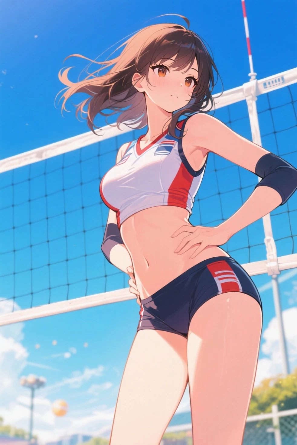 2D，highest quality，(masterpiece)，(whole body)，semi-long，Twin tails，Brown Hair，1 girl，young，((Healthy brown skin))，((Sunburn))，(Slim body)，Slim figure, skinny, Navel，Sweat, smile, Athletics, rib cage, Stadium, From below, Supporter
