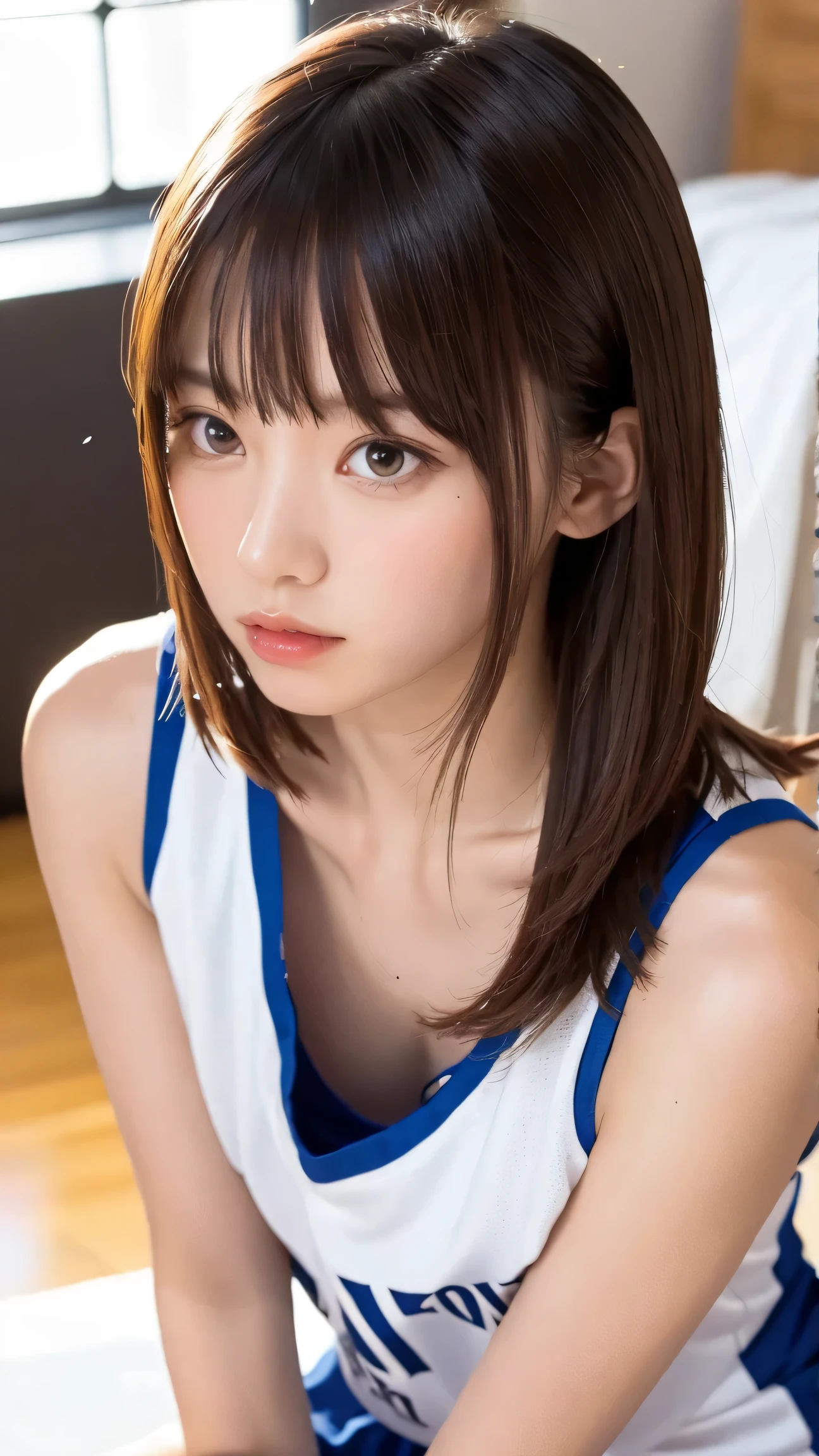 masutepiece, Best Quality, 8K, 10yaers old, Teen, Raw photo, absurderes, award winning portrait, Smile, Solo, Idol face, Delicate girl , Digital SLR, Looking at Viewer, Candid, Sophisticated, Thin arms, Professional Lighting, Film grain, chromatic abberation, (Eyes and faces with detailed:1.0), (Bokeh:1.1) , Distant perspective , bed , laying on back , Perspective from above , Wearing a basketball uniform with closed mouths , A dark-haired , dishevled hair , Average breast size