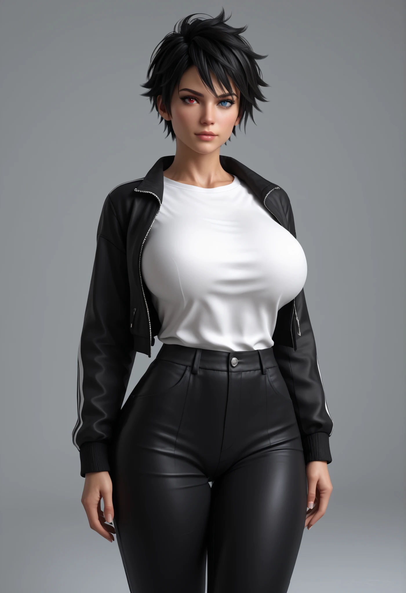 safe_pos, Score_PnyReal, 1girl, {{masterpiece, ultra-high quality, professionally detailed, professionally shaded}} single person, 1girl,short hair, black hair, huge breasts, thick thighs, wide hips, slim waist, tomboy, heterochromia, blue eye, red eye, 3d,ultra detailed eyes,heterochromia, adult woman, mature woman, 25-year-old woman, curvy, toned, athletic, heterochromia, pants, black pants, black jacket, race jacket, white shirt, ((huge breasts)1:1), ((tomboy)1:1)