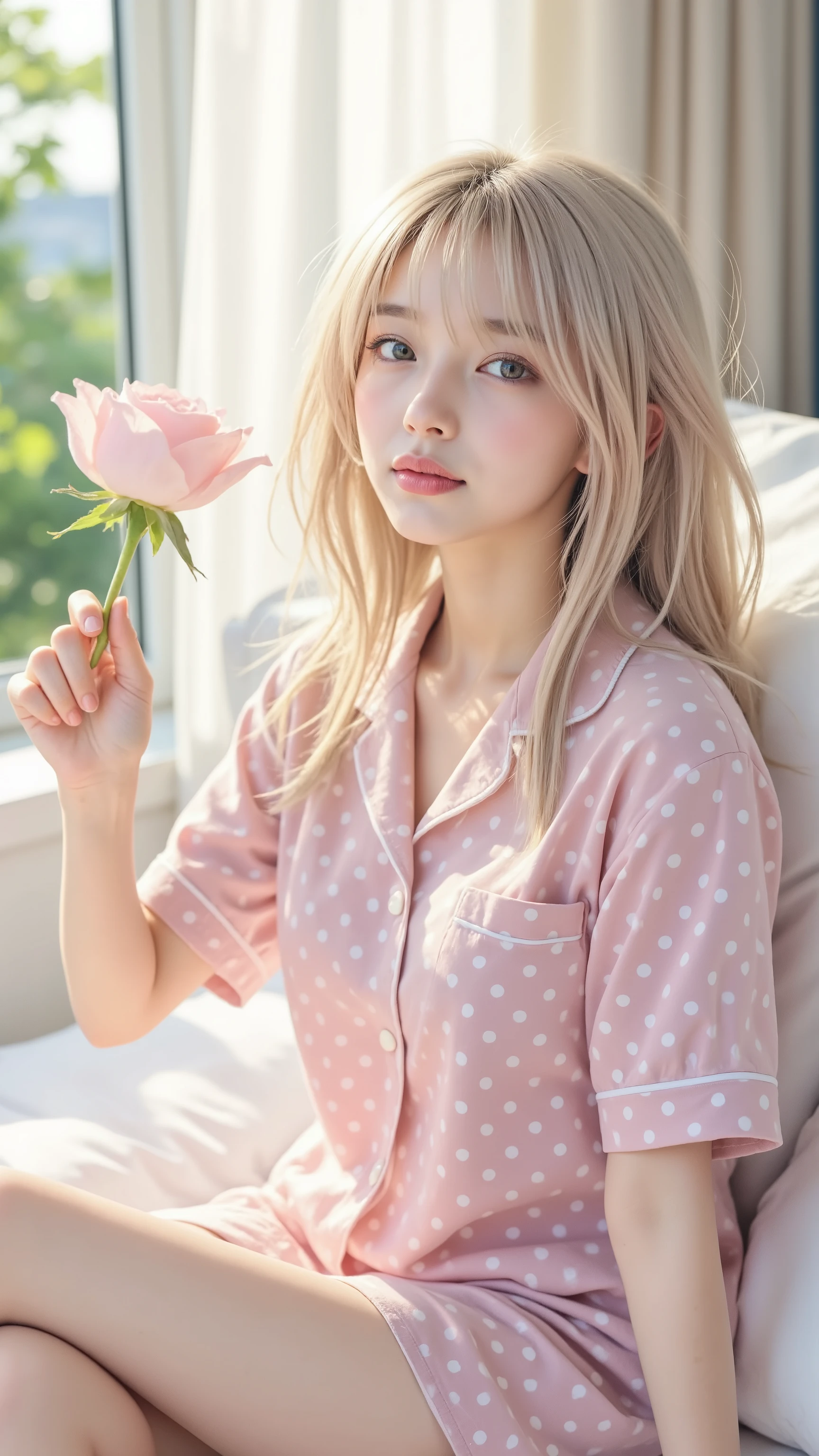 masterpiece, top quality, girls, pajamas, Polka dot pattern, cute, summer, bed, sitting、Sunshine, anime style, high resolution, Super Detailed、Yawning、 Awaken、Raise the Extend one hand a lot big breasts belly button だらしないpajamas tousled hair