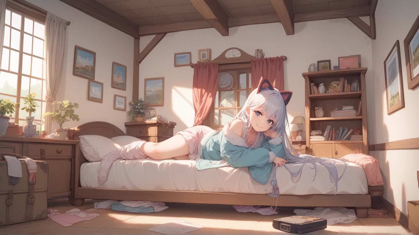 Anime girl sitting on bed,On his lap was a book, beautiful anime catgirl, White Cat Girl, cute anime catgirl, Very beautiful anime cat girl, nightcore, anime catgirl, up of young anime girl, anime girl with cat ears, (Anime girl), An anime girl, Anime moe art style, Guviz, animeaesthetic --auto