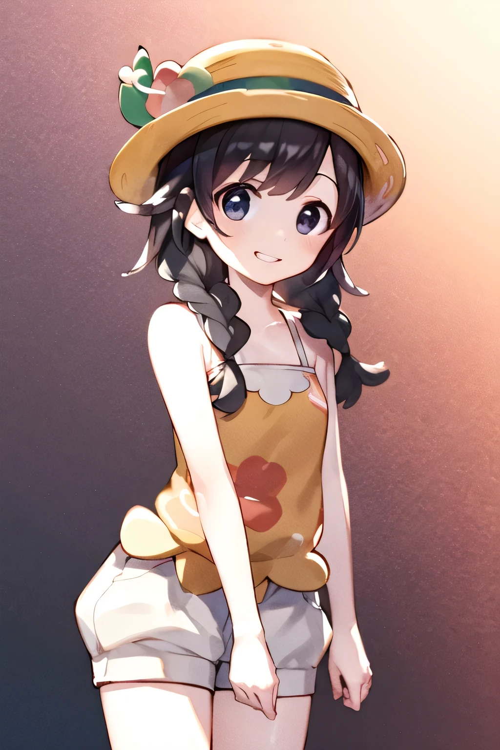 ((Best quality)), ((Super detailed)), ((Anime images, Art CG)), ((Highly detailed CG Unity 8K wallpaper)), ((Correct Anatomy)), (White Background), selene2, selene \(pokemon\ ), 1 girl, twin braids, black hair, black eyes, draw at a young age, baby face, smile, Wide-brimmed straw hat, hat flower, Glossy skin, subtle redness, delicate highlights in eyes, wearing a floral wide-brimmed straw hat, orange camisole with symmetrical floral pattern, scalloped neckline, ruffled hem, white shorts, exposed shoulders, sleeveless, exposed arms