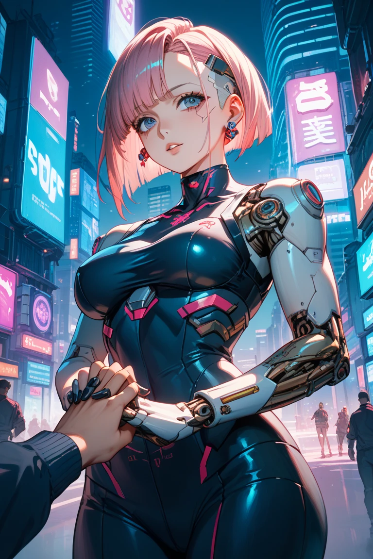 ((Cyborg woman)), ((silver robot body1.5)), 1 defined thumb, looking at viewer, solo, 1 woman, 25 years old, AI generated, highest quality, masterpiece, perfect face, 8k , cowboy shot, short hair, ((pink hair:1.5)), bob cut, black eye, (smile), thin thighs, medium breasts, perfect limbs, sexy, (visible nipples:0.8), (camel toe:0.3), ((arm at side)), ((silver metallic costume)), bright daytime,