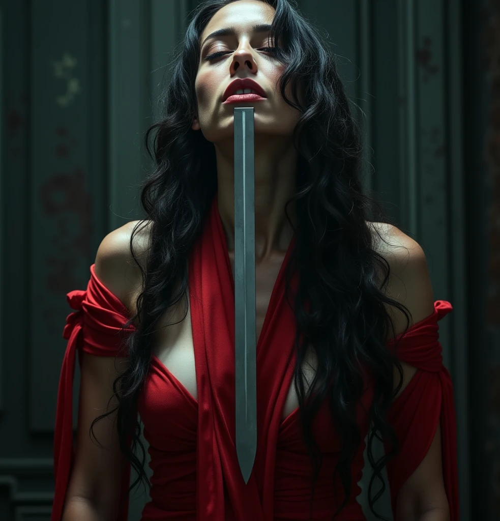 Busty woman, looks like Anne Hathaway, performing seppuku ritual, white loose kimono, bloodied chest, holding bloodied knife, sad crying expression, sitting inside temple, one stabbed chest out bloodied wounded