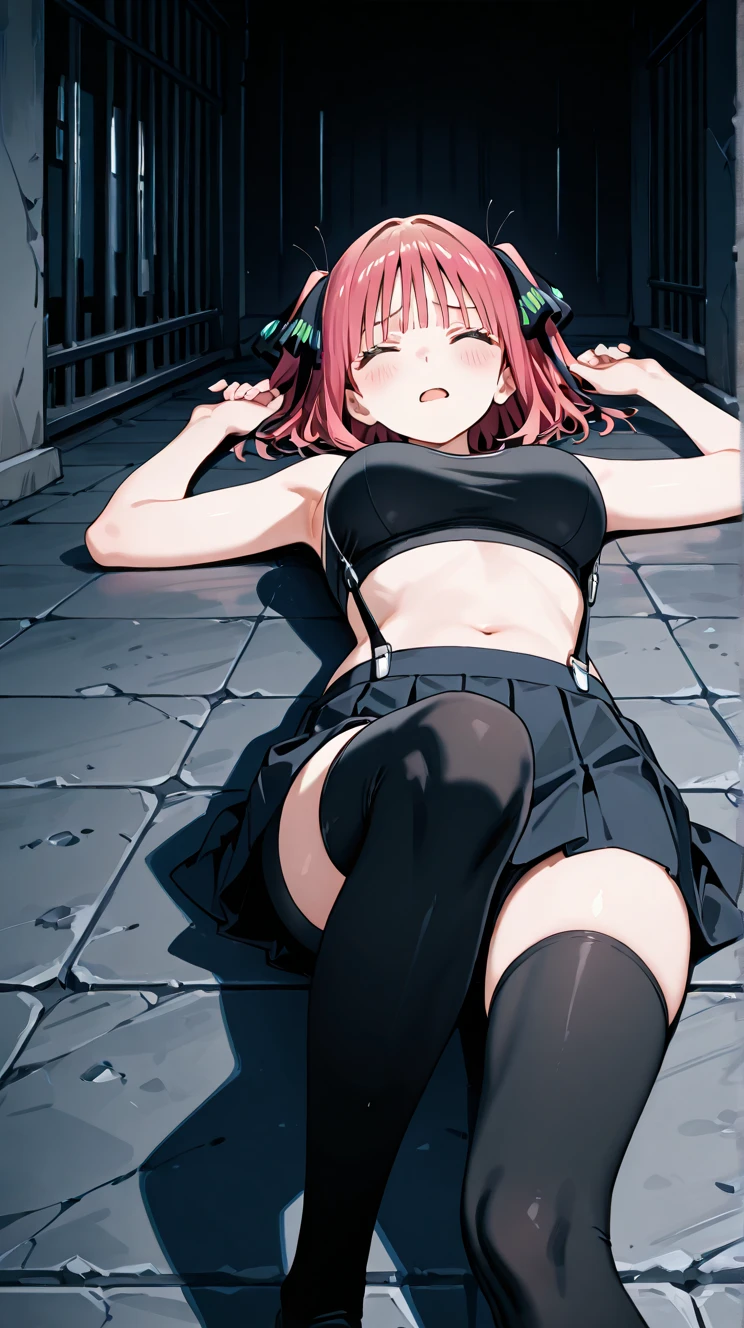 Emo girl, Short skirt, The T-shirt is torn, bare chest, nipple piercing, perfect physique, erotic panties, knocked down on all fours, back view, legs spread, shock, Embarrassment, back view
