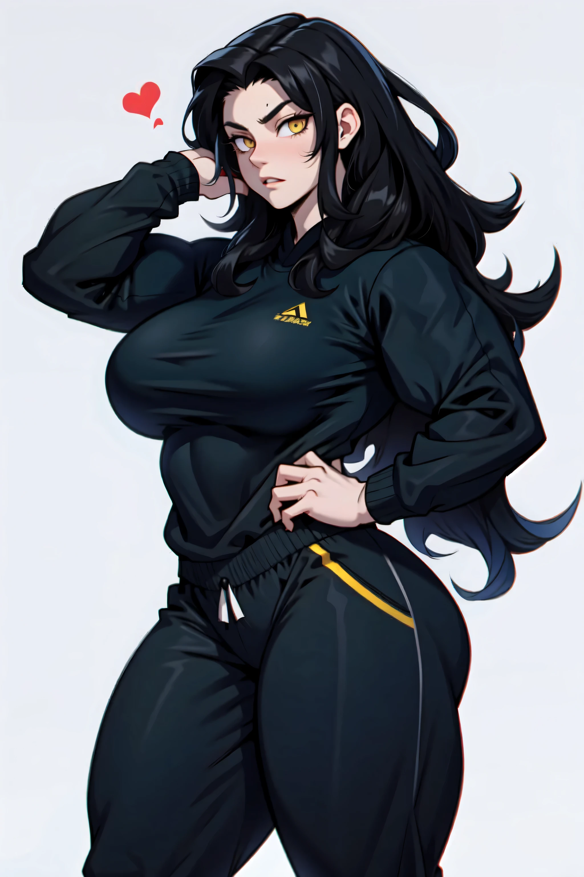 girl 1girl pale skin (((muscular))) toned body thick thighs black hair yellow eyes long hair grey background bodybuilder black tight long sleeve t-shirt big tits black leggings