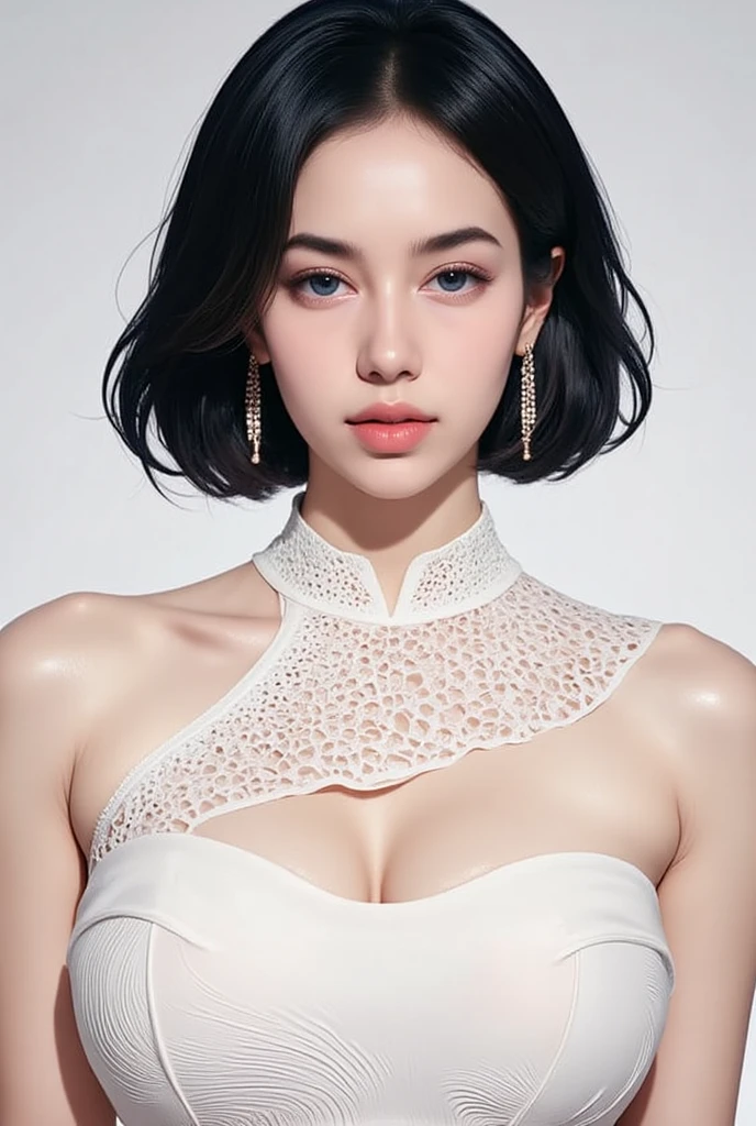 best quality, Ultra-high resolution, (Reality:1.4), (2 Girls, Duet, No), (White Sleeveless Turtleneck Sweater, black bodycon skirt, (Black necklace:1.3):1.3), (Thin Head:1.3), (Super detail face, Pretty Face, big eyes, Beautiful nose shape，Narrow nose bridge, perfect beauty, Very porcelain skin, Very fair skin, Delicate and beautiful skin:1.7), (Smile:0.8), ((Faded Gray Short Hair:1.5)), (Huge breasts:1.9), (Breasts in good shape:1.9), (7 deaths, (slim body), (Sloping shoulders, Narrow shoulders, ((Small head, Thin Head:1.4)), Thin on the chest, Thinner below the chest, constitution, (Thin waist:1.2):1.2)), looking at the audience, close up, (random emotions, Random poses that are synchronized with emotions, Lander&#39;s Corner, Random Location, Random Location:1.5), (Plane lighting, White simple gradient background:1.4),
