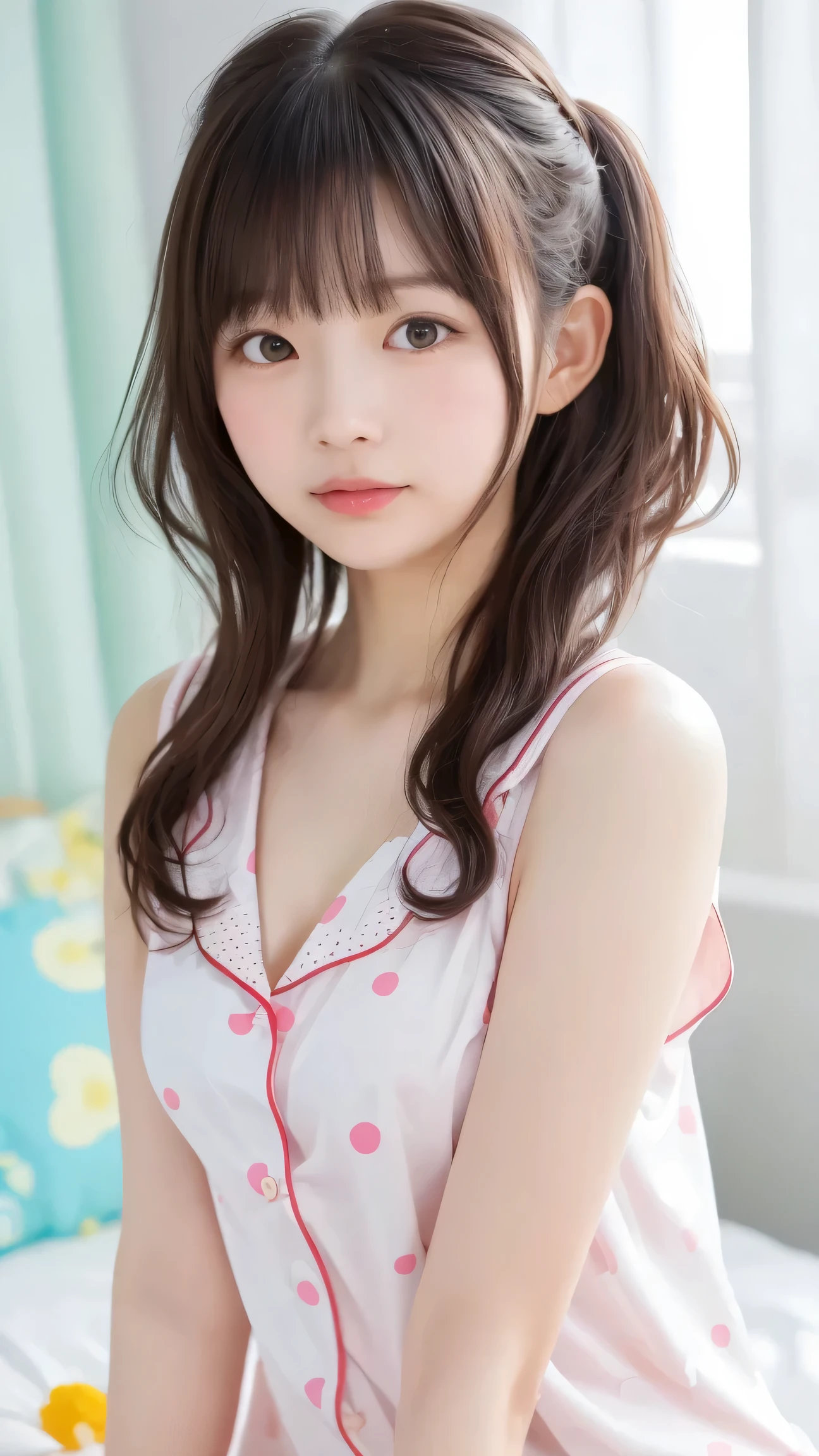 masterpiece, top quality, girls, (tight nylon pajamas), Polka dot pattern, cute, summer, bed, Sunshine, anime style, high resolution, Super Detailed、Sleepy face、((Messy Hairstyle))