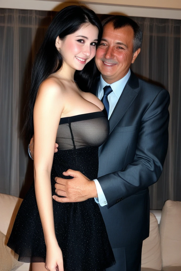 The movie star mila kunis dressed as a sexy secretary , kissing an ugly 99-year-old Peruvian man.  On bed