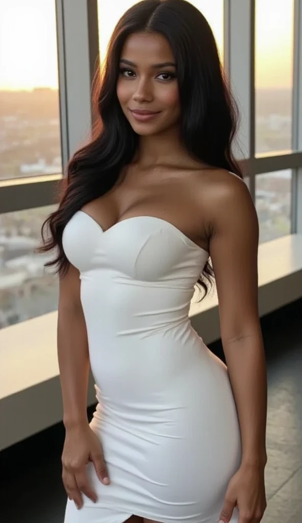 An attractive beautiful 21 years old indian girl, with messy black hair, massive breasts and massive cleavage. Wearing a white country dress, standing in a bedroom in a small town of the wild wild west. Smiling. Gigantic fake breasts, too large breasts for her dress.