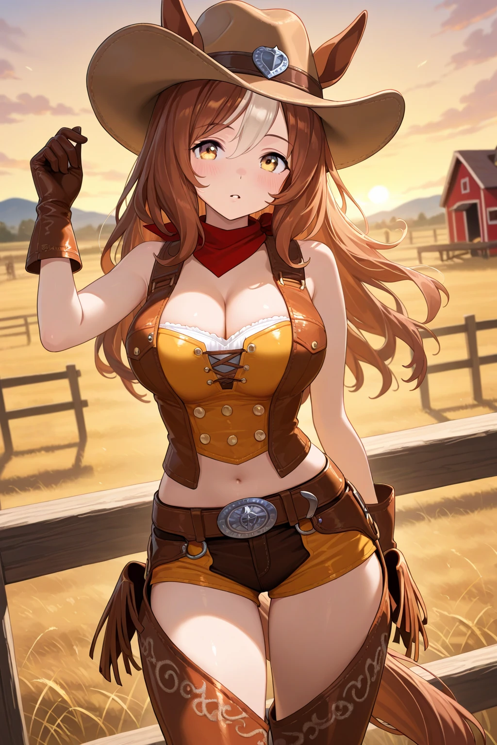western drama，Cowgirl，Redhead，Braid，Brown Hot Pants，Skin Belt，High Boots，Have，With a smile，Wink，Cute and sly，Stars and Stripes Bikini，Cowgirlジャケット，Attractive thighs，Brown Skin，Hunchback，Brown Hot Pants，floor