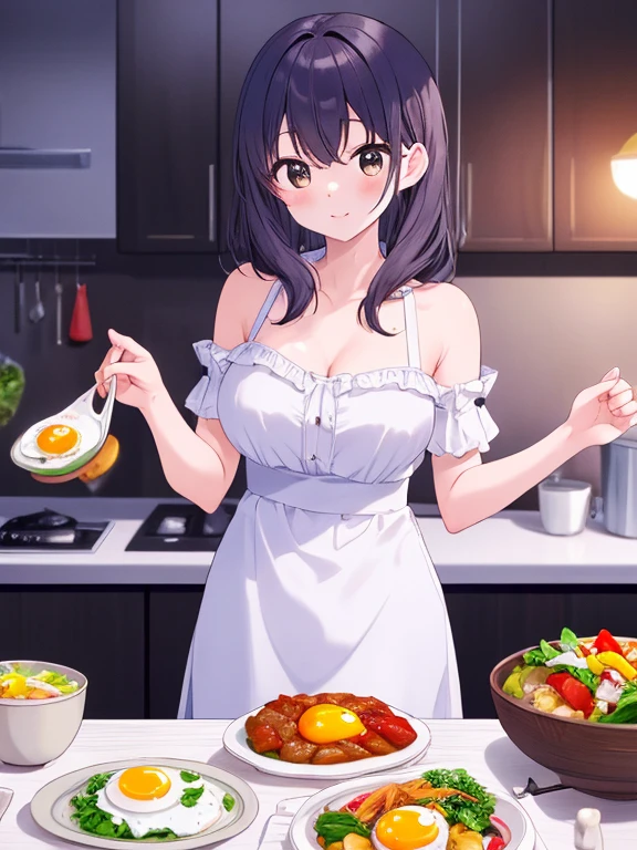 a woman in casual clothes in the kitchen, eye red, cooking smiling