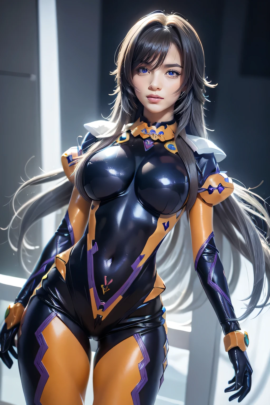 (high quality photos:1.2), (Embodiment of anime painting), masterpiece, Beautiful girl in shiny combat uniform, Futuristic combat uniform that wraps around your body, long shiny brown hair, Glamour, delicate and cute eyes, super big breasts, Oversized breasts sagging, (perfect protruding chest), big cleavage, cute face, bust sharp focus, No underwear, (full body portrait)