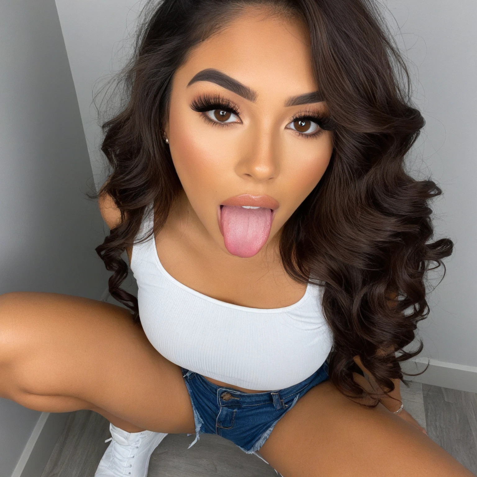 there is a woman that is sitting on a bed with fishnets, wearing fishnets, pokimane, profile image, alanis guillen, profile pic, fishnets, fishnet clothes, fishnet, background is heavenly, with black pigtails, with long hair and piercing eyes, taken in 2 0 2 0, ayahausca, violet myers