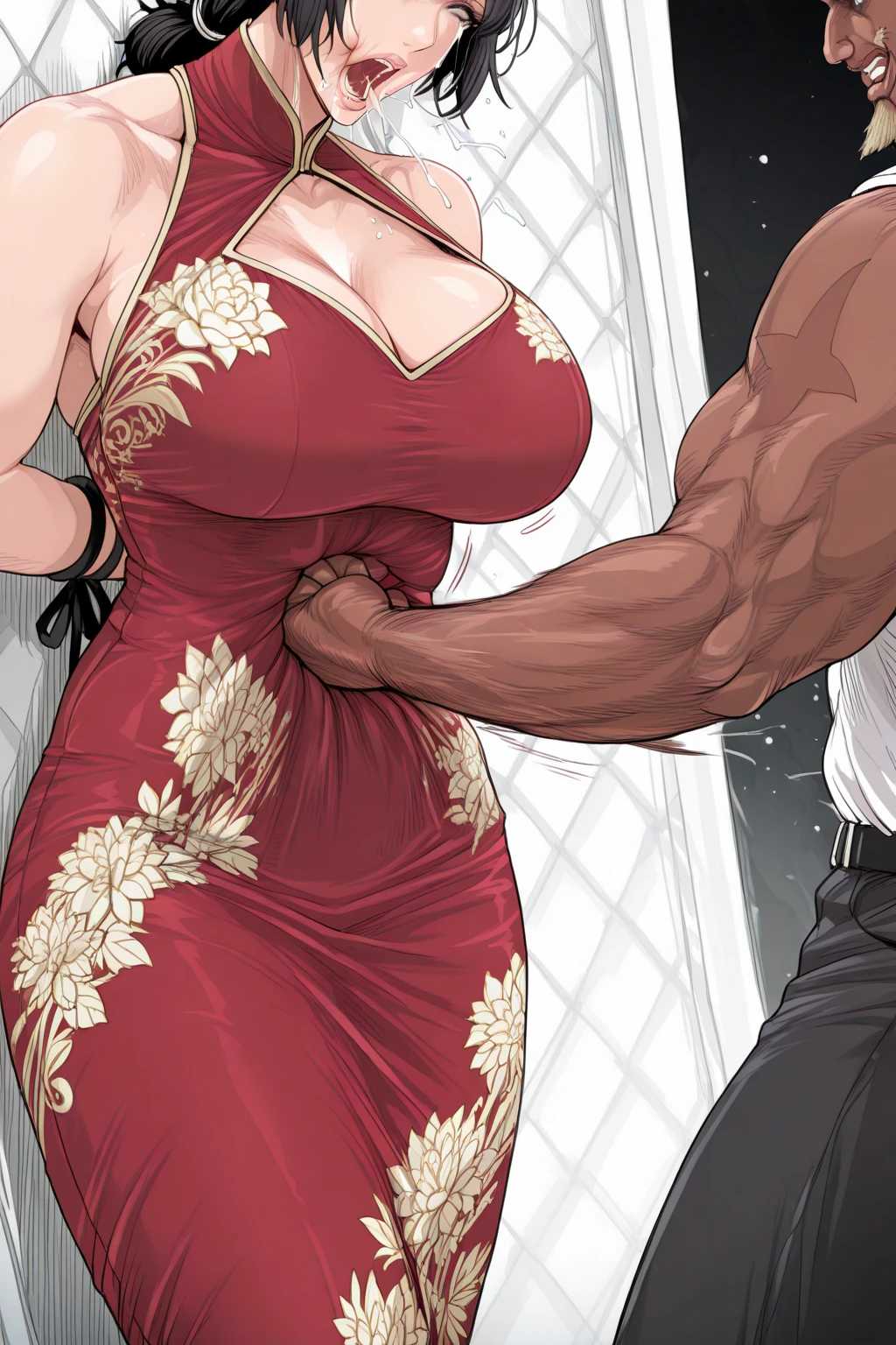 (1 young black man), (1 asian mature woman), (Duet), A woman seduces a young blackman，（strong and naked black man，short pants，muscle body，bodybuilder），（a young woman with big breasts，narrow waist，bare shoulders，(long skirt dressed, floral print, naked）, European 40 year old milfs and th1 young black man ，srrong black man, best quality:1.4), (Ultra-high resolution:1.2), (8K, RAW photos:1.2), Laurena Lexis, (1 woman, 1 blackman), Moms showing off their curves, bend down, Wearing sexy clothes and shorts, and blackman， Clear eyes, A woman and blackman, ((French Kiss))