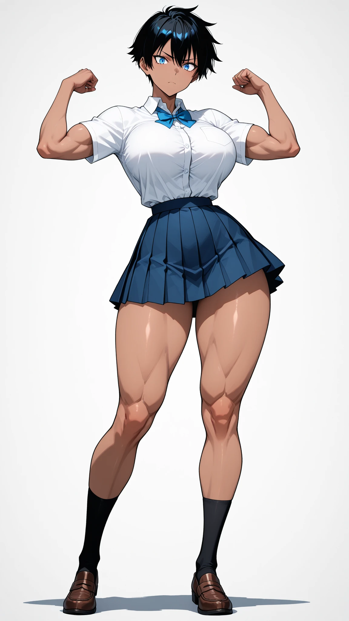 (Muscular:1.8), (thick thighs:2.1), (asian female:2), adult, (blunt bangs, long black hair:1.5), (glasses), earrings, eyeshadow, lipstick, (full body view:1.4), (striations), (hard nipples), (small breasts:2.5), wearing a watch, wearing a bracelet, (choker, school top, sailor uniform, midriff, rolled up sleeves, cleavage, flared skirt:1.8), (sculped muscles:1.6), detailed eyes, (athletic body:1.5), (muscular body:2), (looking at viewer), (big smile:1.5), office, rim lighting, two tone lighting, dimly lit, clean skin, low key (DETAILED SKIN), (three quarter view:1.2), carrying books, turned toward light source