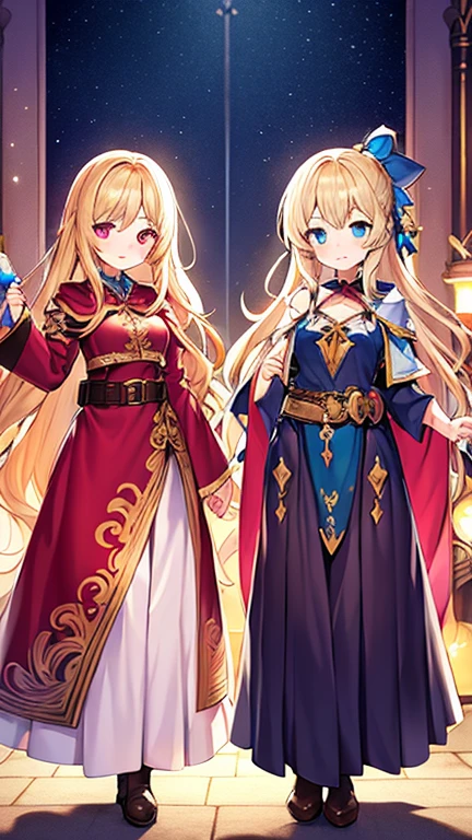 masterpiece, best quality, 2 girls,  variety of hairstyles, fantasy costume, ((white background)), full body, multiple views, anime style,