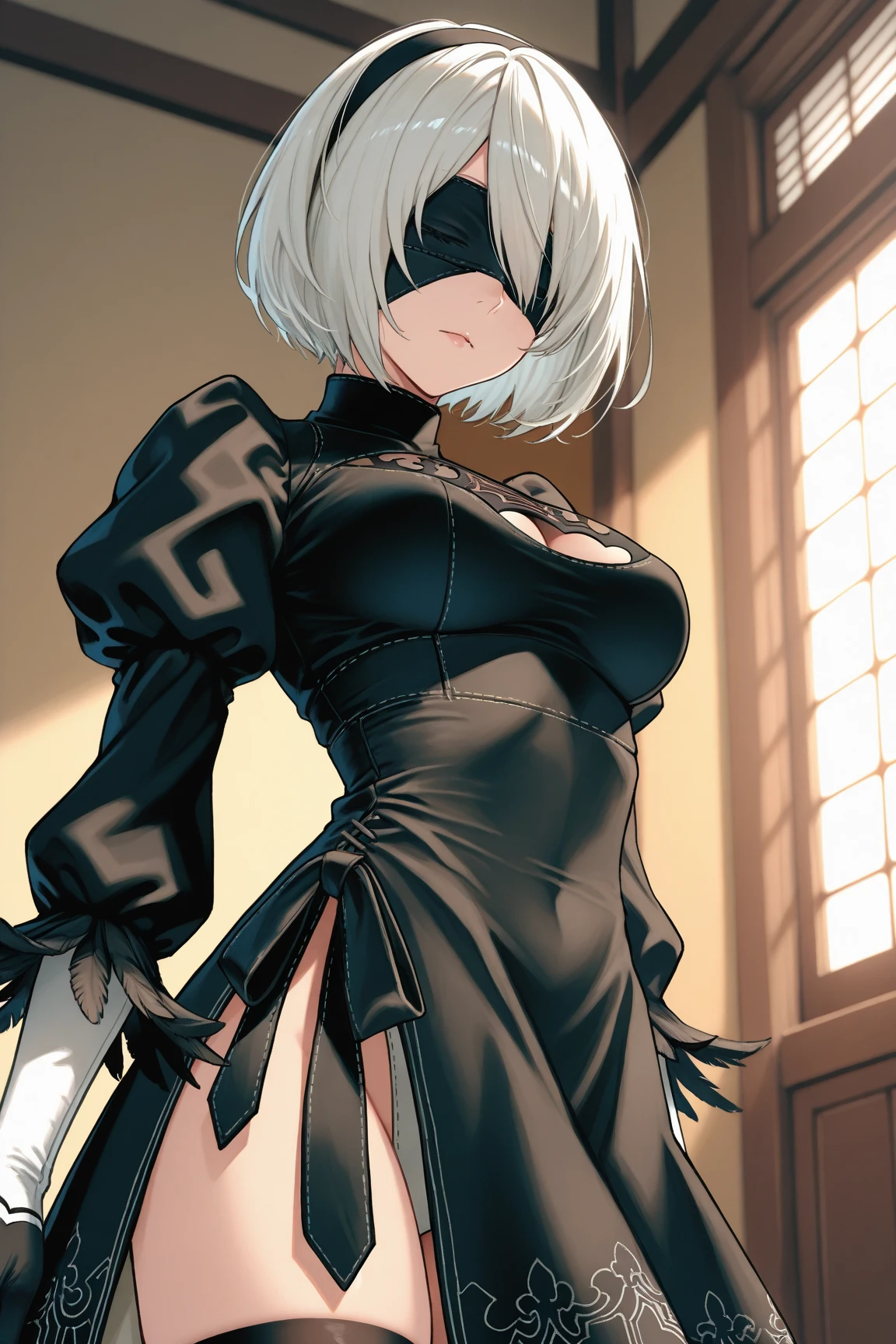 2B, huge breasts, sexy pose, highly detailed, White hair, black dress, black bandage, nice butty