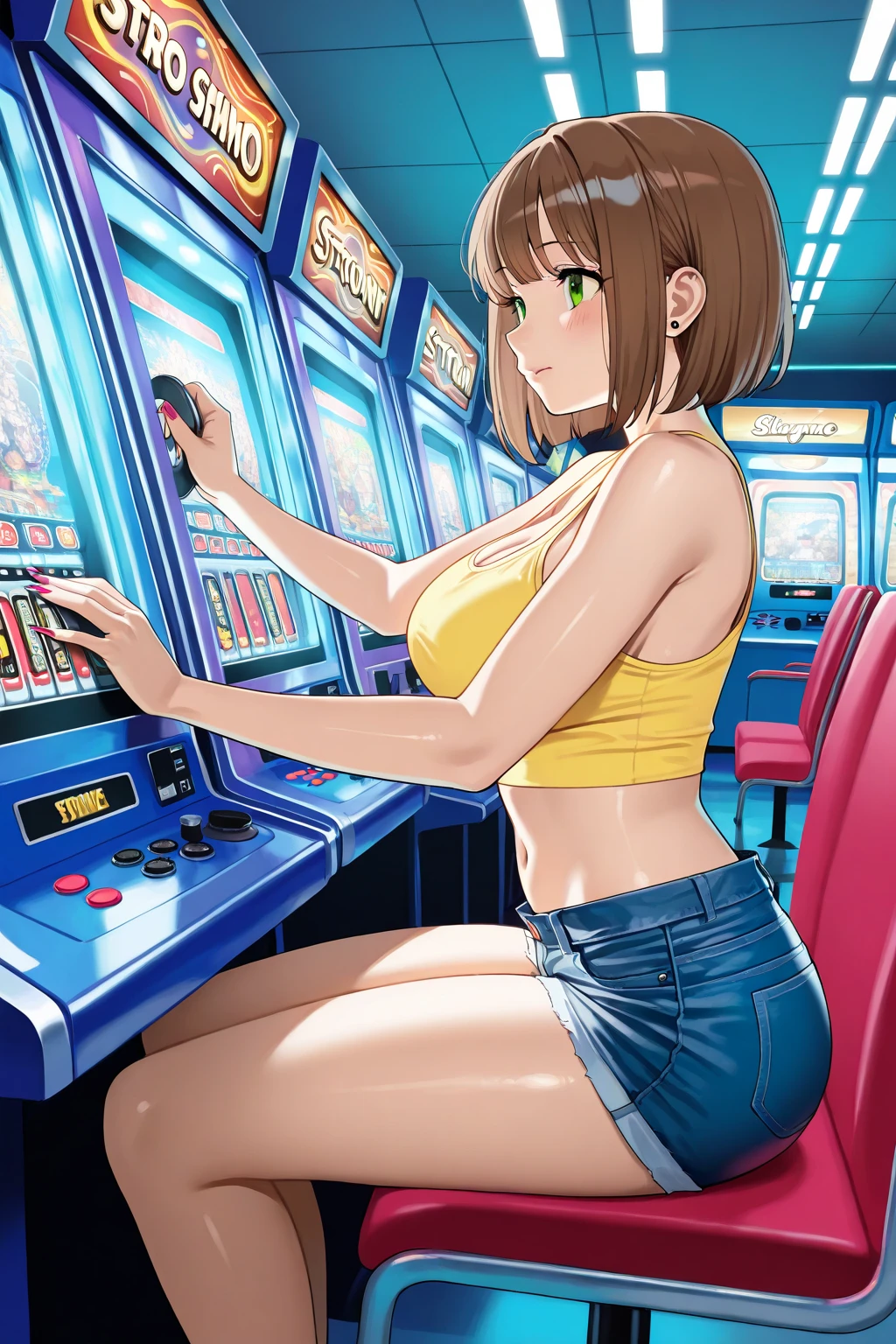 matsuura kanan, sexy micro bikini, striped bikini, bracelet, sexy,in arcade, playing arcade,(bent over arcade machine:1.1), sweating,(sweat drops), soaked in sweat, from side,ass up, netorare , spanked ass,(solo)