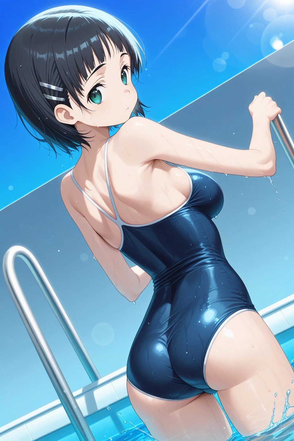 Highest quality、Black Hair、Iris、short hair、girl、cute、16 years old、、Small hair ornament、1 person、School Swimsuit、One piece swimsuit、Fits snugly to the body、Nipples protruding、