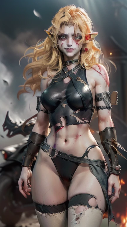 (((American photo))), ((one)) young woman in a chain mail bikini, (skin texture:1.1), (high detail face), small tattoo on her thigh, blonde, beautiful, in a castle, holding the severed head of a demon by its hair, realistic, hero, high details, degree cinematic color, fighting, sweaty, blood spattered, topless