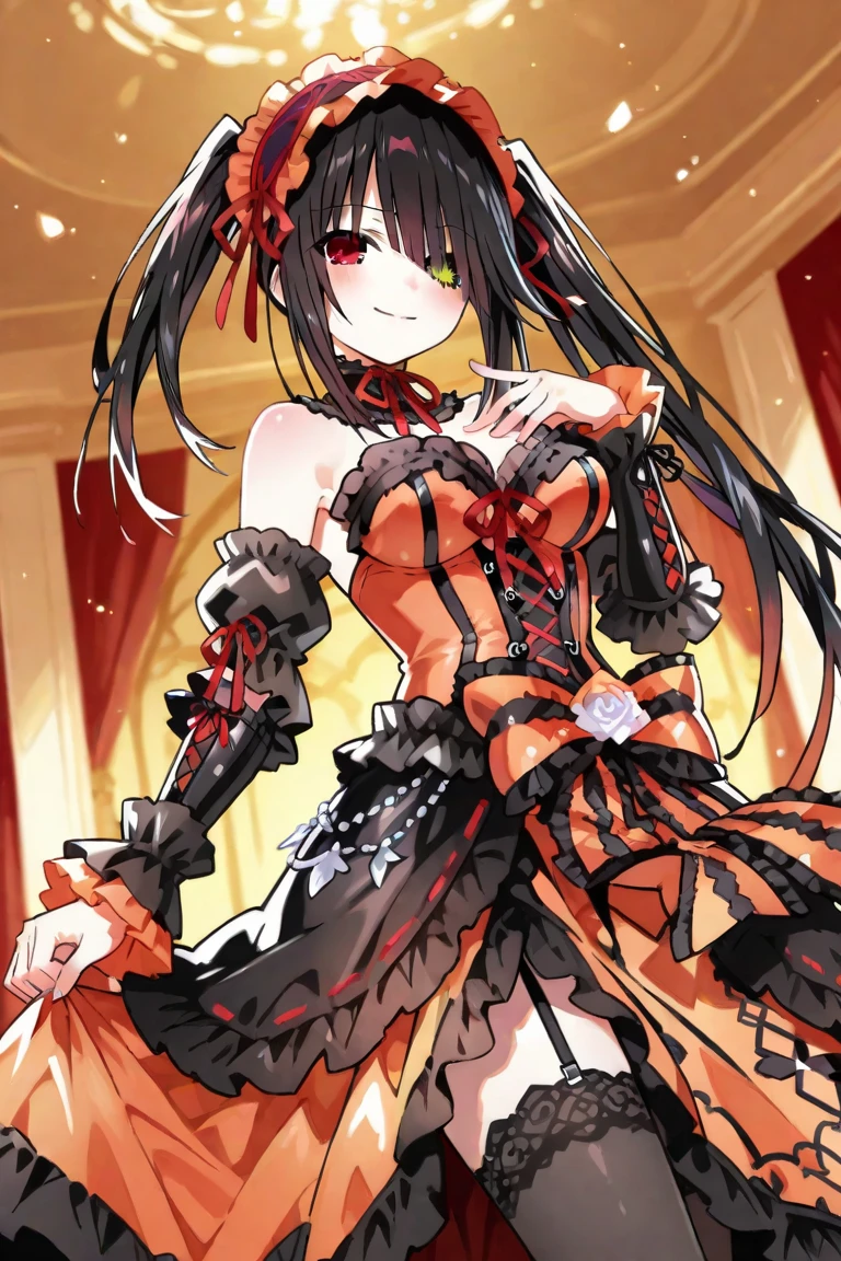 18 year old beautiful girl, masterpiece, top quality, 8K anime, 1 girl, detailed fingers, precise fingers, not unnatural hands, odd eyes, black hair twin tails, kurumi tokizaki, large breasts,