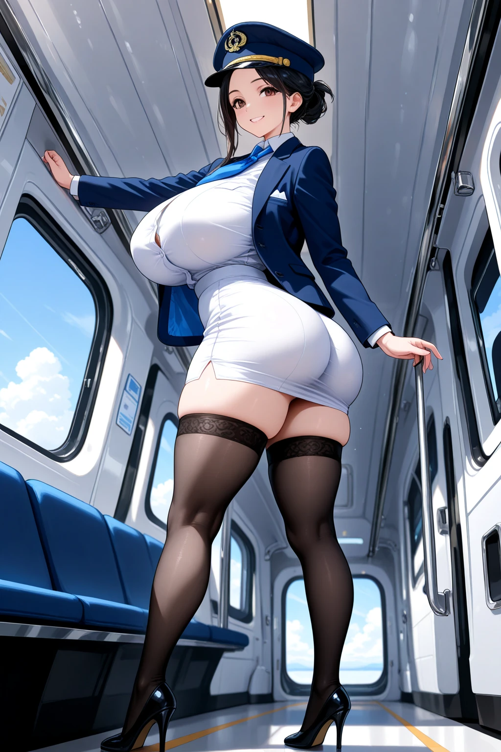 A sexy women, stewardess, sexy body, curvy body, bob cut style hair, ((black eyes, beautiful eyes, detailed eyes)), sexy lips, make up, red colored eyeline, smile, big breasts, sexy hips, sexy expression, anatomically correct, super detail, high quality, highres, 4K, (full body shot), ((stewardess, mini skirt, garter belts, stockings, neck tie)), airport background