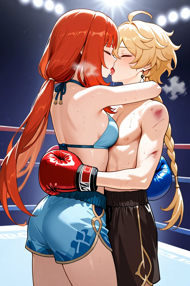 (masterpiece,best quality:1.3),(ultra-detailed,high resolution:1.2),(illustration),((an extremely delicate and beautiful)),(detailed background),((1girl)and(1muscular boy,tall stature)),hetero,(1girl), ((((Baobhan Sith/(((fate/)))), red dress, bare shoulders, (((waist-cape))), layered sleeves, red knitted_long boots, high heeled shoes,(rolling eyes:1.4),(ahegao),(trembling), cum in pussy,(cum on clothes:1.4), cum on body,cum in mouth,cum on hair,excessive cum,1boy, ((((girugamesh/(((fate/)))) ,smug,large penis, ((vaginal,sex)),(upright straddle,couple,face-to-face,kiss),(wrestling ring),
