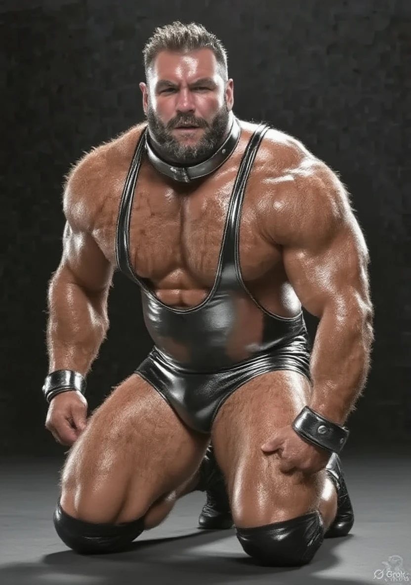 age 60, white man police detective with a mature, kind demeanor, strong and muscular yet chubby build, mustache, wearing a buttoned-open police uniform shirt(leather), police uniform shirt(nypd) , hairy chest, giving off a hint of a horny yet disgusting aura, completing the look with shiny leather riding boots, wearing a white thong, nice bulge, nicebulge, sitting at a glory hole, dirty gay cruising bar, leather gloves, smiling, lying back legs raised