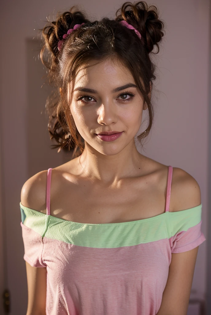 The image depicts a brazilian woman directly facing the camera with a gentle, contented expression. She has dark hair styled up in a messy bun, with loose strands framing her face. Her striking features include clear, light-toned skin and vivid blue eyes that stand out against the simplicity of the solid pink background. She wears large, round earrings and a vibrant pink shirt or dress with bold yellow floral embroidery, suggesting a sense of fashion that is both colorful and playful. The woman's slightly tilted head and subtle smile give the impression of approachable confidence and ease.  brightness and warmth due to the color scheme and the subject's inviting demeanor.