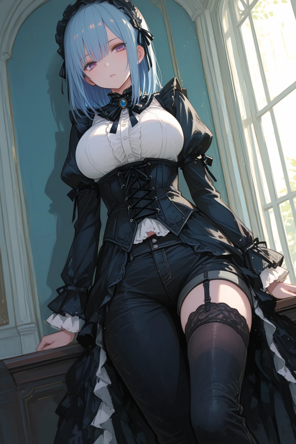  A 23-year-old gothic punk goth girl, perfect face, beautiful Asian woman with long White hair in curls and coils, very cute and           beautiful girl, (highly detailed beautiful face), high detailed fingers, (Deep Purple corset with detailed frills), detailed face,
]cowboy shot, looking at viewer, Standing, white panties. intricate details, cinematic scene, detailed background, solo, dynamic angle,  ((beautiful big blue eyes looking down at the viewer, black shiny lipstick, perfect Asian goth cyber makeup)) double d breast, detailed cute face, white hair, gothic punk fashion, highly detailed gothic fashion, short skirt, heavy make up,),(dark black lipstick), size, Backlight effect, lens flare, depth of fields, blurry background, Detailedface,1 girl, Detailed eyes, ,(thigh up shot image :1.5), Black gloves