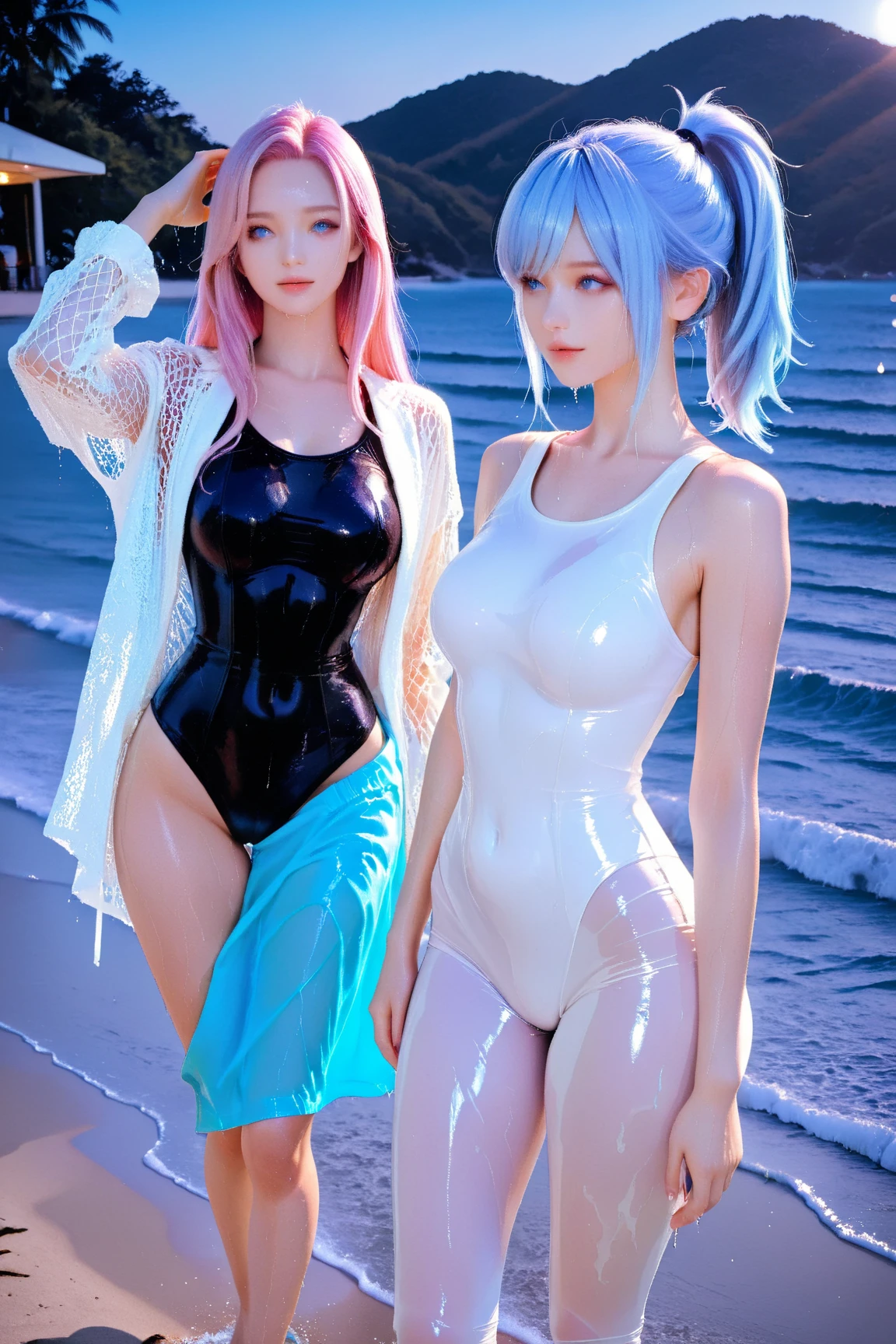 (Enrich the picture,Masterpiece quality)Beautiful 8K CG artwork,Goddess-like pose,sittinng on the river,Postural exercises,Thin and soft,translucent skin,blue hair、The beauty of super long hair, Super Long Straight Hair,The skin fair and juicy,underwear,Perspective Part 1.2x enhanced silhouette effect,Exquisite transparent blue case in pajamas,Intricate and exquisite details,The background slightly blurred,charming and,Slobber,K cup big breast blush,japanese goddess,Perfect body slim curves,Scene by the sea,2 girls,2 girls kissing,