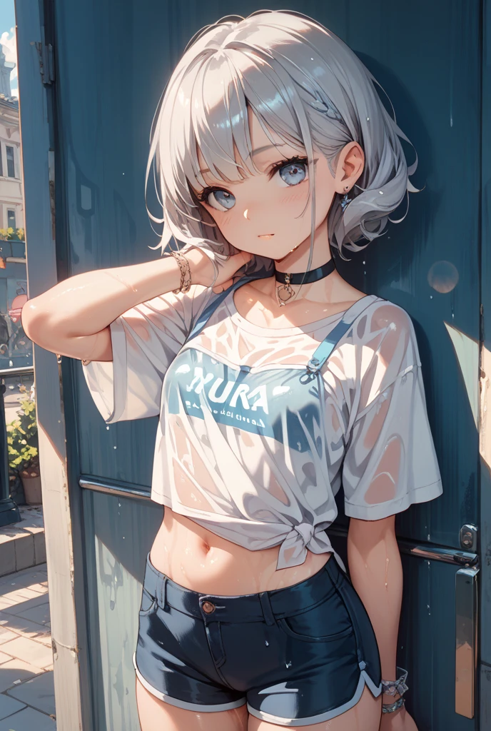 High resolution,high resolution,Girl,(Braiding,Gray Hair,Short Hair,Blue accent color),Grey Eyes,Slanted Eyes,Bad mood,boyish,slender,Naked T-shirt,sit,On the bed,Dark Room,tv set,choker,,