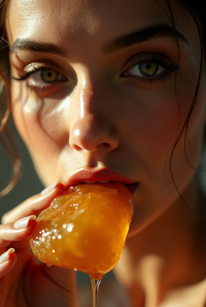 1 girl, cute outfit, plunging neckline, breasts over exposed, puckering mouth, holding lemon slice, comical, full body, detailed realistic portrait, high quality, 8k, photorealistic, studio lighting, masterpiece, beautiful detailed eyes, beautiful detailed lips, extremely detailed face, long eyelashes, elegant, glamorous, intriguing, dynamic pose, natural lighting, warm color palette, cinematic composition